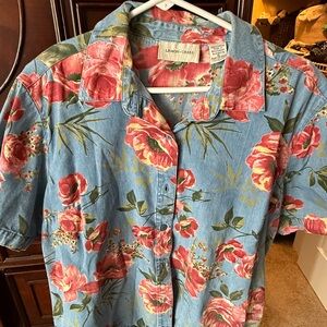 Light Blue Denim  Button-Up Shirt With Pink Floral Design by Lemon Grass size XL
